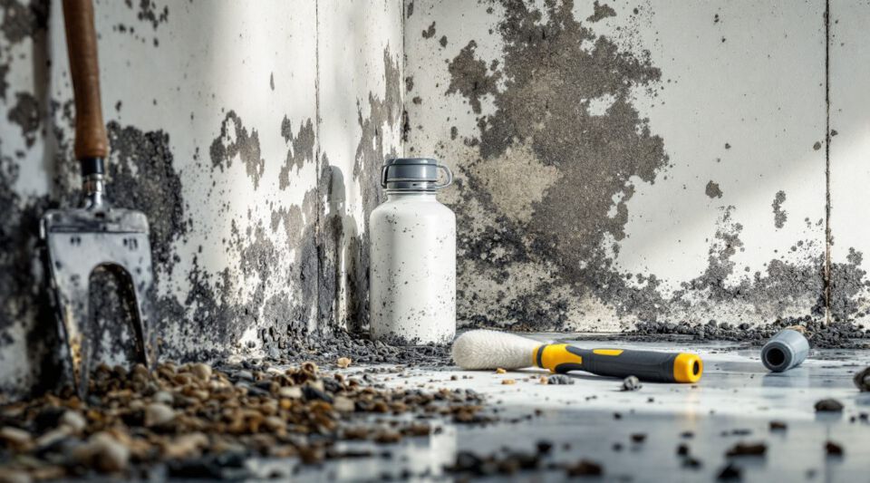 Close-up of black mold growing on a damp wall in a residential basement