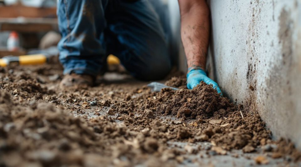 Professional mold remediation technician inspecting a dark crawl space with visible mold growth in Houston.