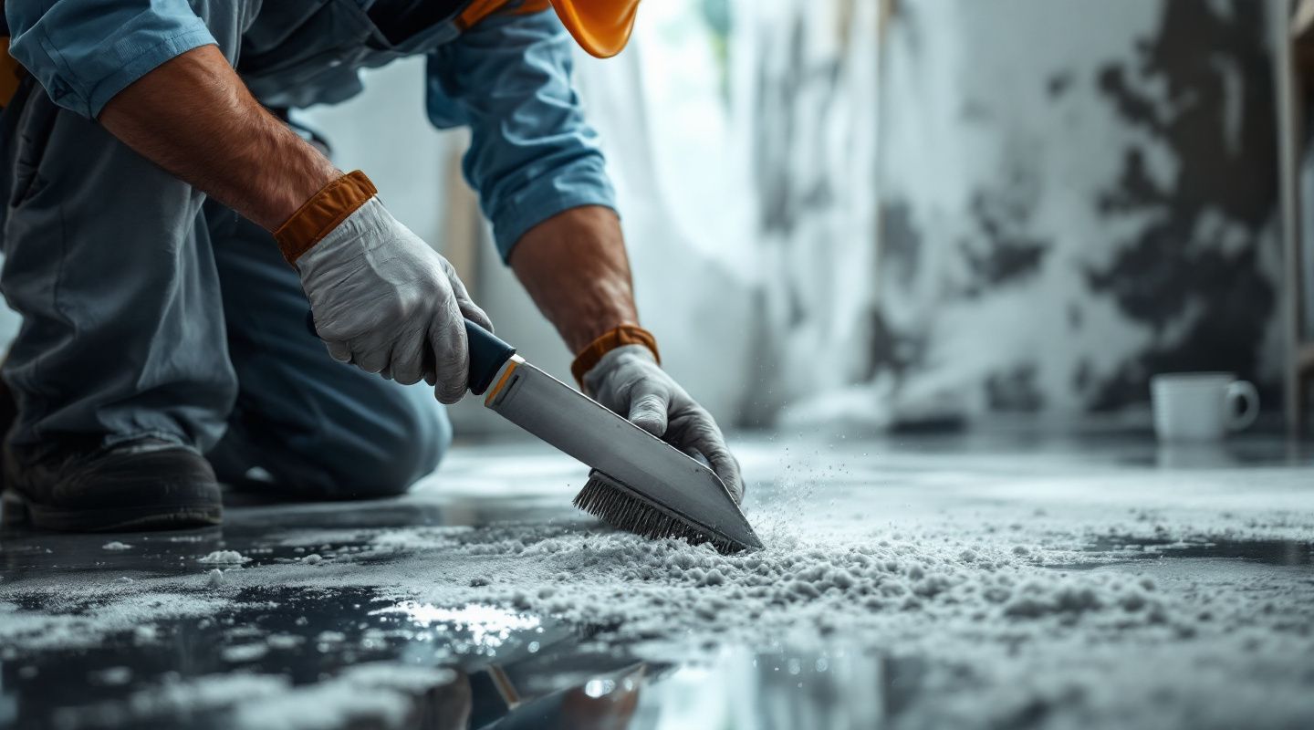 Certified mold remediation technician inspecting a wall for mold growth with a flashlight