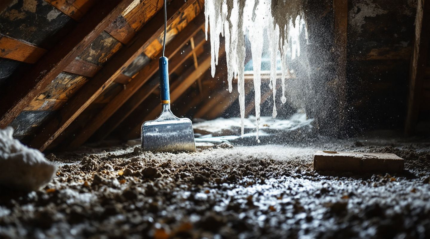 Mold remediation technician in protective gear inspecting a dark attic space for mold growth.