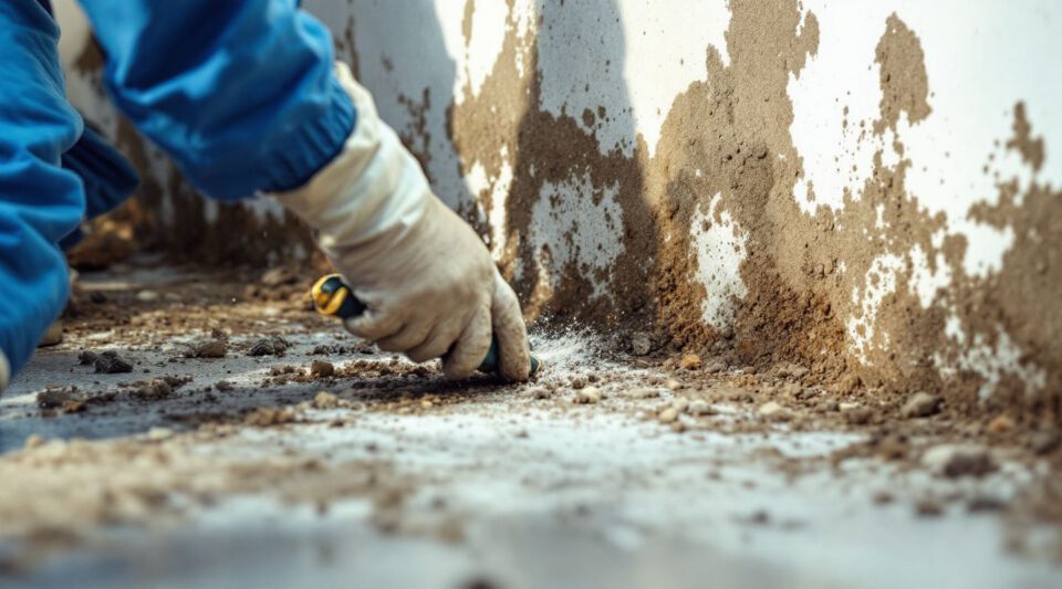 Professional mold remediation technician in a hazmat suit inspecting a wall for toxic mold growth