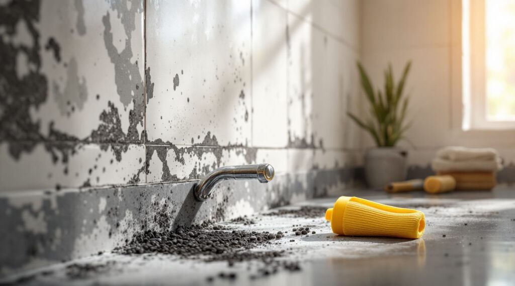 Bathroom with visible black mold on grout and wall, highlighting the need for remediation