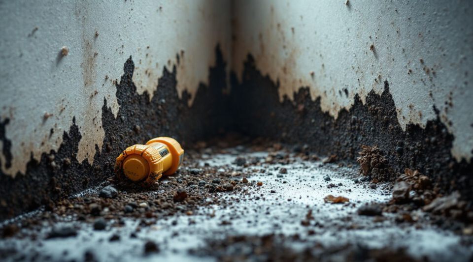 Professional mold remediation technicians inspecting a dark black mold growth on a wall in a water-damaged property.