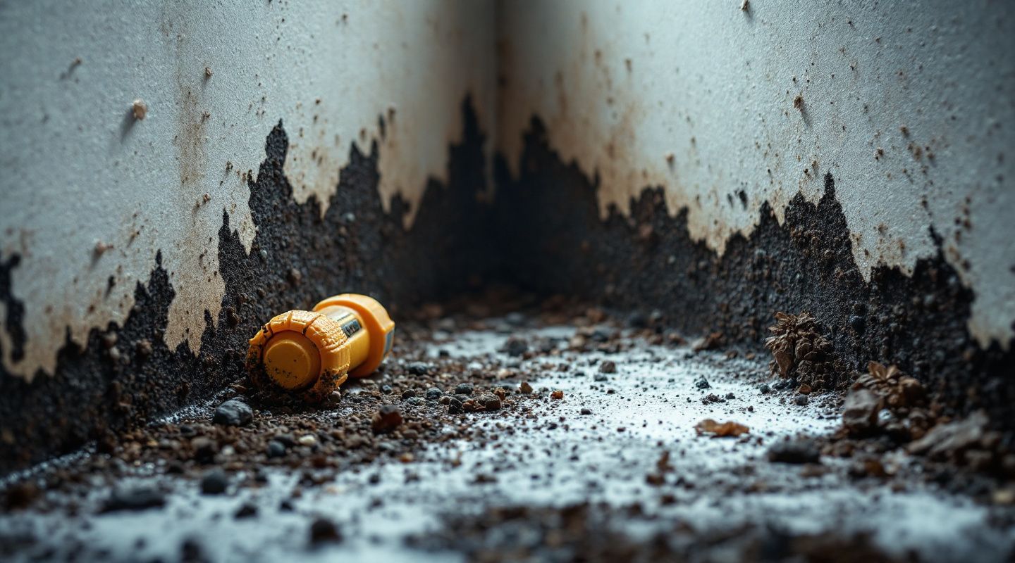 Professional mold remediation technicians inspecting a dark black mold growth on a wall in a water-damaged property.
