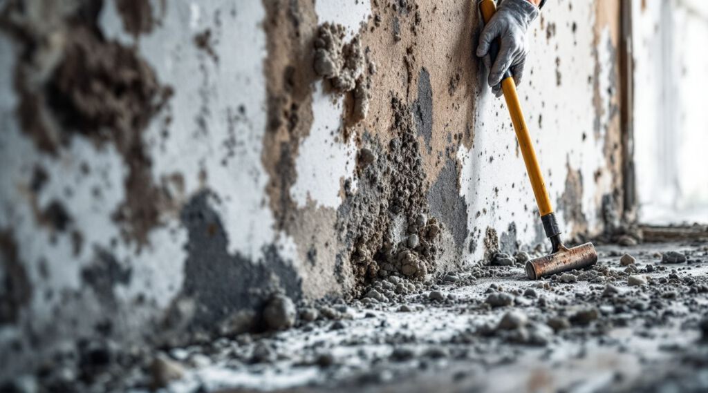 Certified mold remediation technician inspecting a wall with visible mold growth