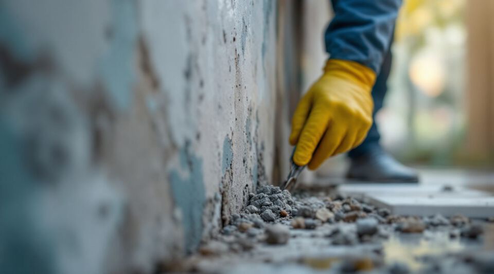 Certified mold remediation specialists inspecting a water-damaged wall in a Houston home