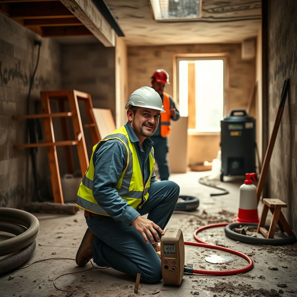 A certified mold remediation technician wearing PPE, inspecting a wall in a Pearland home with a moisture meter.