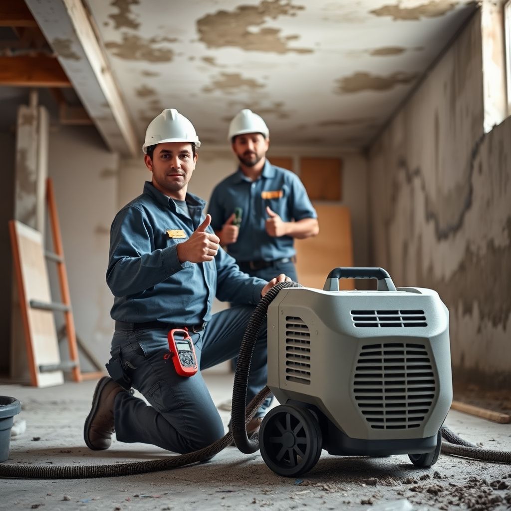 A team of IICRC-certified mold remediation technicians from Prime Guard Mold Removal discussing a project plan in a residential basement in Stafford, Texas.