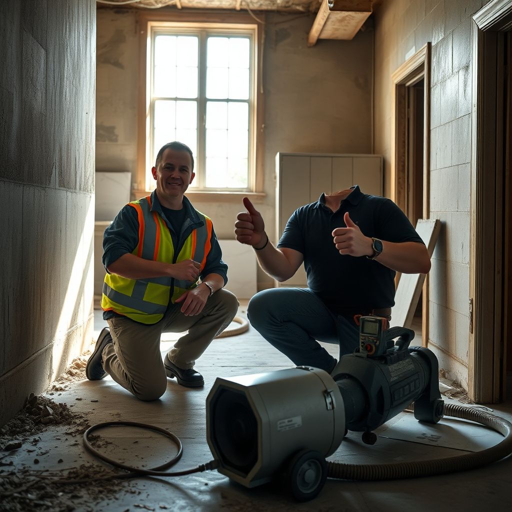 A Prime Guard Mold Removal technician explaining the remediation process to a homeowner in Rosenberg, showing a moisture meter reading.
