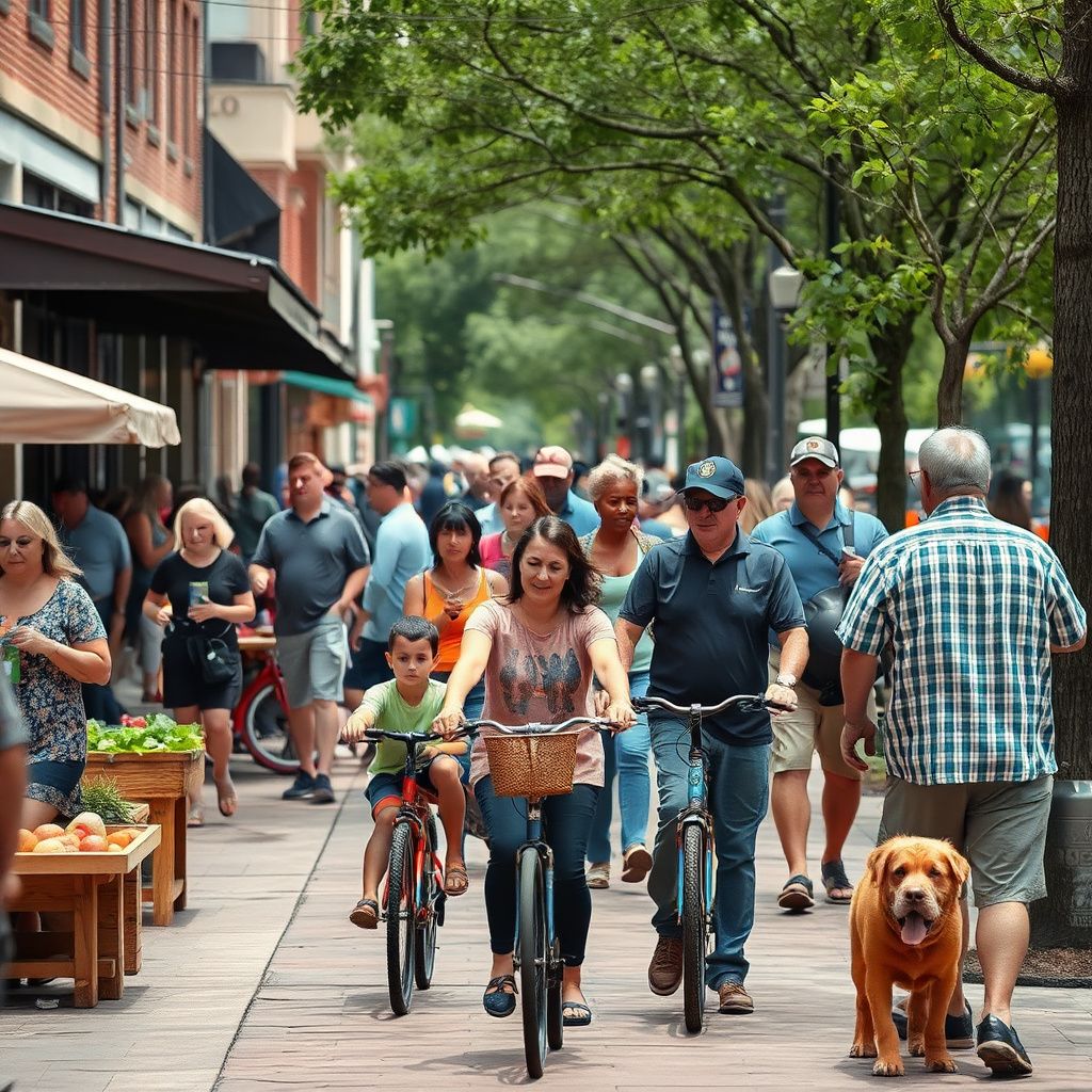 A peaceful street scene in an older Friendswood neighborhood, with mature oak trees lining the street and well-maintained traditional Texas homes, reflecting the city's established character.