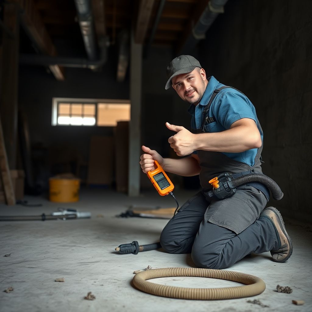 A Prime Guard Mold Removal technician in full PPE conducting a mold inspection in a La Porte home's attic, shining a flashlight on a damp area.