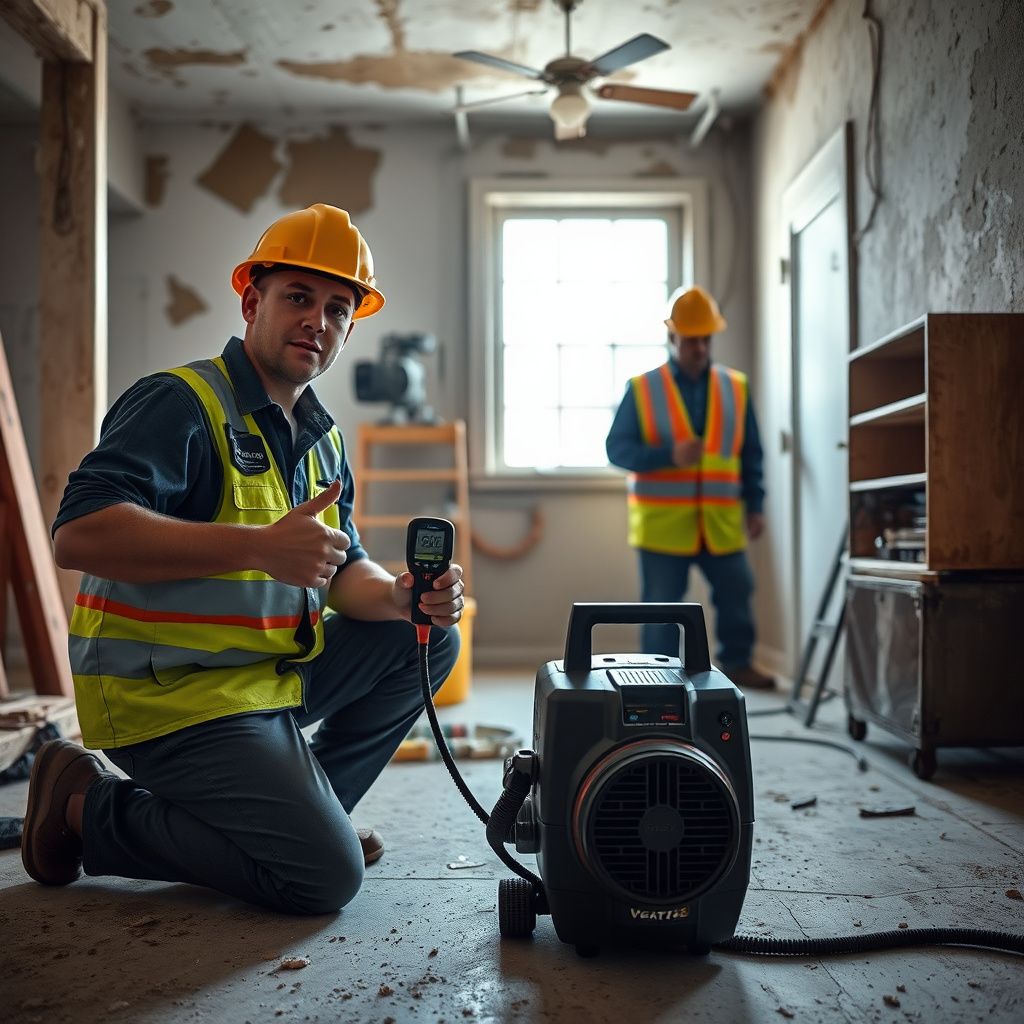 A certified mold remediation technician explaining the process to a homeowner in a clean, post-remediation basement in Missouri City.